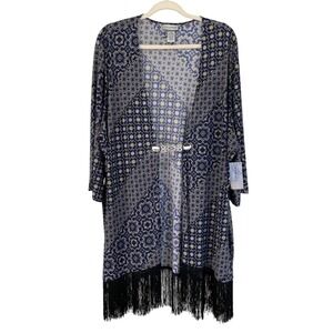 NEW Catherines Womens 3X Blue Geometric Tile Print Fringe Kimono Cardigan Boho